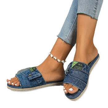 Papuci plati de mărime plus pentru femei, sandale din denim transfrontaliere europene și americane, mărimea 43, pantofi cu talpă groasă pentru comerț exterior, sandale exterioare