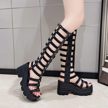 Γυναικείες μπότες με χοντρή σόλα, ψηλές μπότες με λουράκια, ευέλικτες αδυνατιστικές και σέξι μπότες μέχρι το γόνατο για γυναίκες, νέα καλοκαιρινά σανδάλια, μεγάλες μπότες