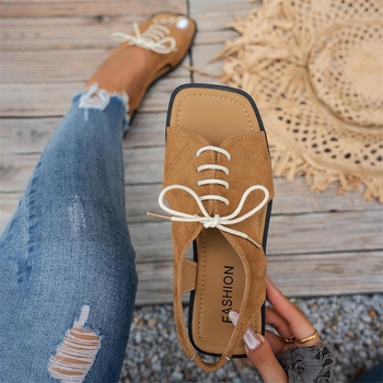 Γυναικεία σανδάλια εξωτερικού εμπορίου μεγάλου μεγέθους με κορδόνια για καλοκαίρι 2025, νέα ευρωπαϊκά και αμερικανικά σανδάλια παραλίας με τετράγωνη πλάτη και ελαστική ζώνη για γυναίκες