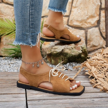 Γυναικεία σανδάλια εξωτερικού εμπορίου μεγάλου μεγέθους με κορδόνια για καλοκαίρι 2025, νέα ευρωπαϊκά και αμερικανικά σανδάλια παραλίας με τετράγωνη πλάτη και ελαστική ζώνη για γυναίκες