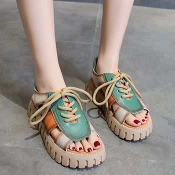 Sandale u etničkom stilu za žene, europske i američke, u skladu s bojama, riblja usta, otvoreni prsti, debelo dno, sandale za plažu, gornja odjeća, ležerne sandale s vezicama, veleprodaja