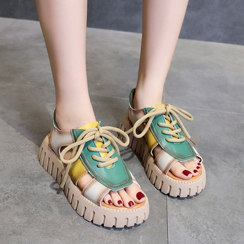 Γυναικεία σανδάλια σε έθνικ στιλ, ευρωπαϊκά και αμερικανικά, σε ασορτί χρώματα, με ανοιχτά δάχτυλα και χοντρό πάτο, για την παραλία, πανωφόρια, casual σανδάλια με δετά δαντέλα, χονδρικής