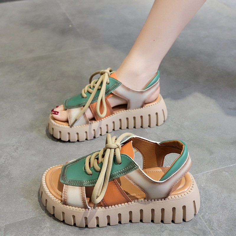 Sandale u etničkom stilu za žene, europske i američke, u skladu s bojama, riblja usta, otvoreni prsti, debelo dno, sandale za plažu, gornja odjeća, ležerne sandale s vezicama, veleprodaja