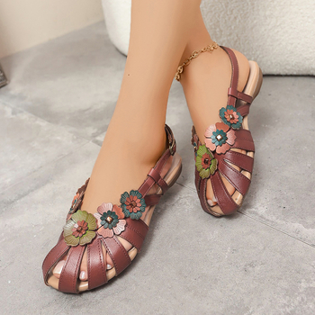Γυναικεία Σανδάλια με Λουλούδια 2025 Καλοκαίρι Νέα, Στρογγυλά Δάχτυλα, Καρό, Επίπεδο Κάτω Μέτωπο, Niche, Μονόλεξο, Ρετρό Σανδάλια Χονδρικής