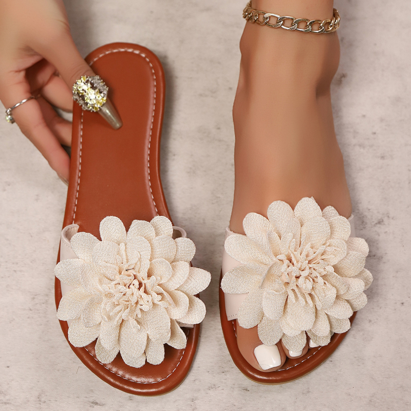 Papuci pentru femei de vară, îmbrăcăminte exterioară 2025, stil nou de zână, flori, plate, papuci antiderapanți, cu fund moale, casual, papuci