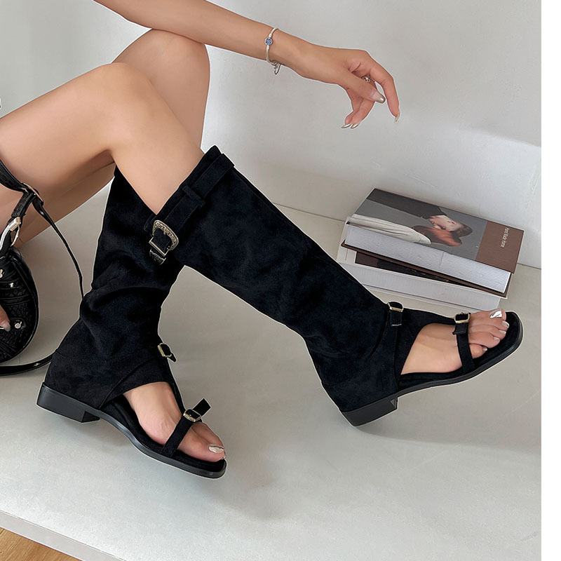 Cizme de damă cu vârf pătrat și vârf deschis, din fleece static, cool ~ Cizme de vară noi, cu cataramă și cusături, mâneci, toc jos, înalte, mărimea plus 42