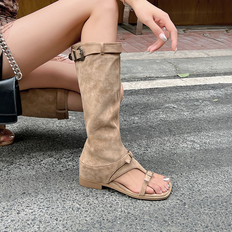 Cizme de damă cu vârf pătrat și vârf deschis, din fleece static, cool ~ Cizme de vară noi, cu cataramă și cusături, mâneci, toc jos, înalte, mărimea plus 42