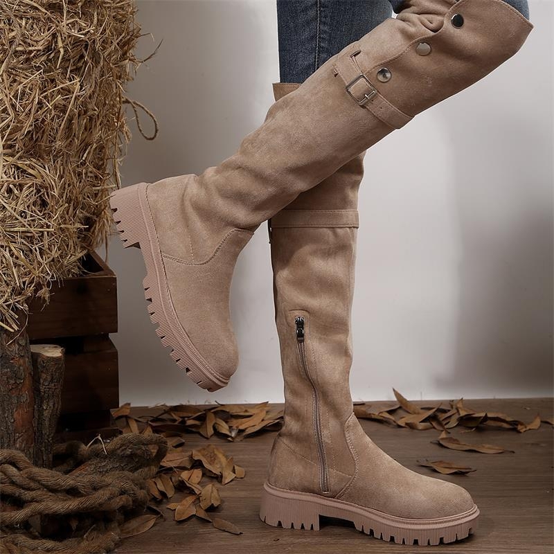 Naistele mõeldud piiriülesed suured suurused, uued üle põlve ulatuvad saapad, eksporditud seemisnahast fliisvoodriga ja paksu kontsaga saapad naistele.