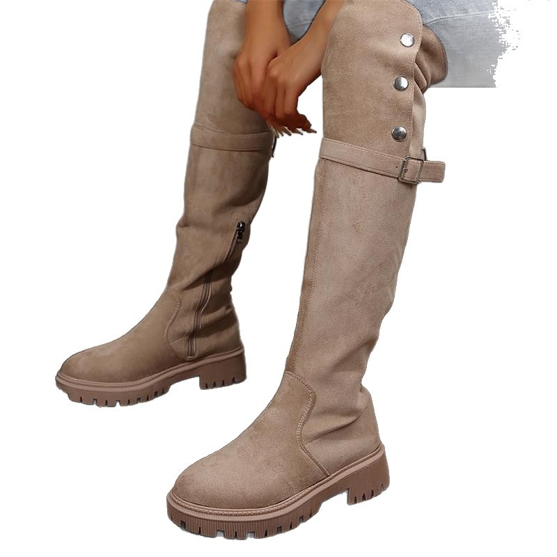 Naistele mõeldud piiriülesed suured suurused, uued üle põlve ulatuvad saapad, eksporditud seemisnahast fliisvoodriga ja paksu kontsaga saapad naistele.