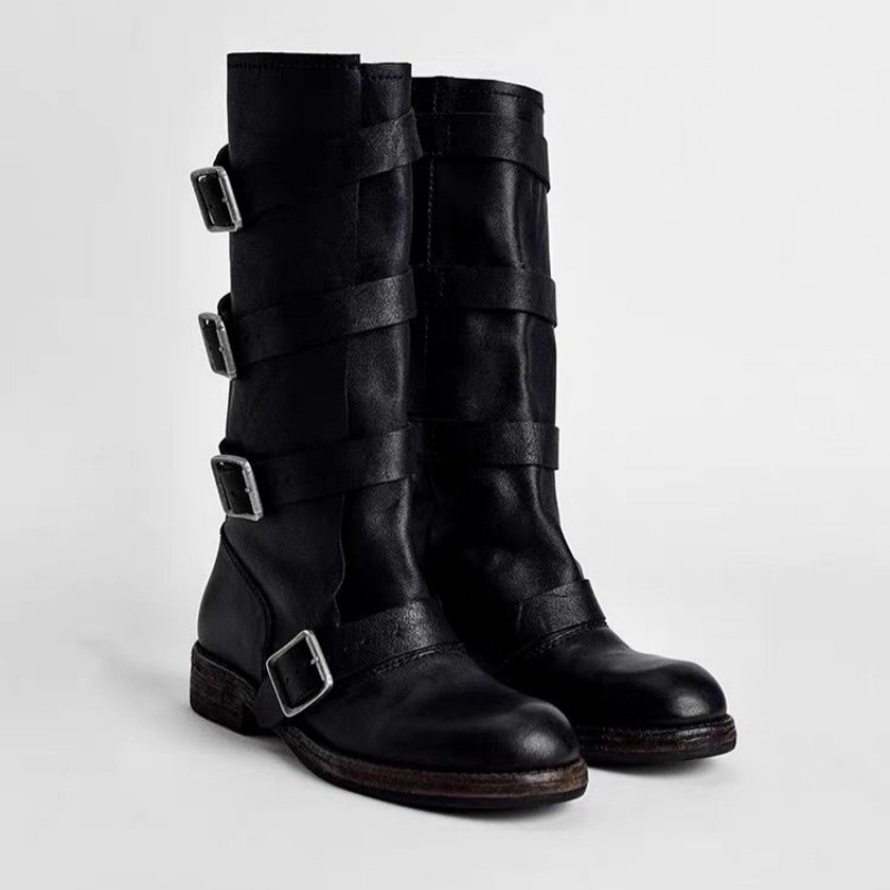 Dámske čižmy do polovice lýtok v britskom štýle s prackou v retro štýle, letné 2025, nové všestranné zoštíhľujúce čižmy na hrubom podpätku v západnom štýle