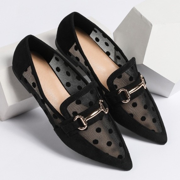 Ženske cipele s oštrim vrhom, ravne, točkaste, mrežaste, velike veličine 41-43, pojedinačne cipele, proljetni i ljetni stil, šuplje, prozračne sandale