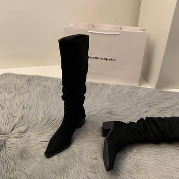 Cizme de damă cu toc înalt, din piele întoarsă, de lungime medie, stil western, toc înalt, toc înalt, cizme de cavaler cu căptușeală din fleece, toc înalt ...