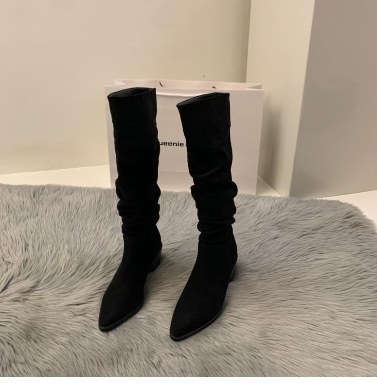 Cizme de damă cu toc înalt, din piele întoarsă, de lungime medie, stil western, toc înalt, toc înalt, cizme de cavaler cu căptușeală din fleece, toc înalt ...