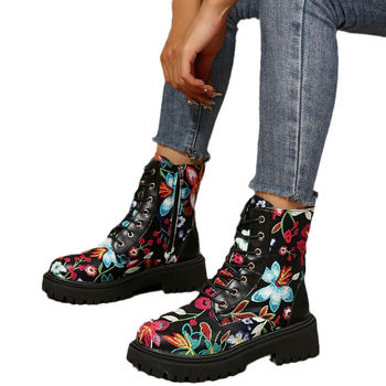 Cizme de damă cu toc gros și fermoar lateral, stil britanic, casual, Martins, mărime plus, flori, 2024, toamnă și iarnă