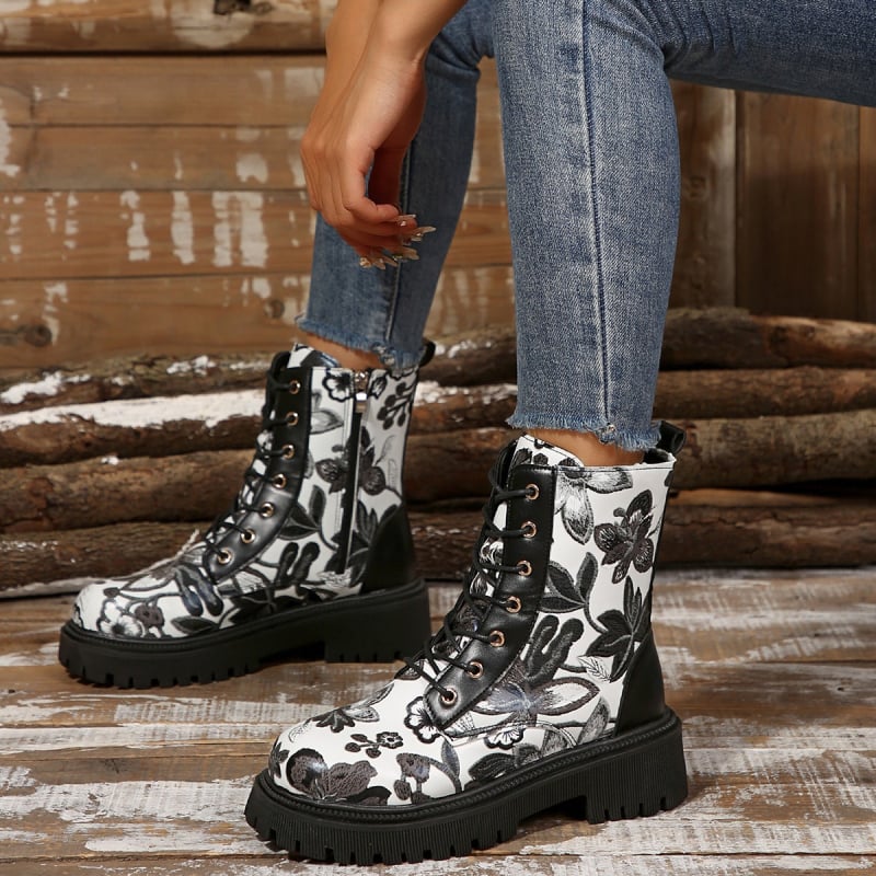 Cizme de damă cu toc gros și fermoar lateral, stil britanic, casual, Martins, mărime plus, flori, 2024, toamnă și iarnă