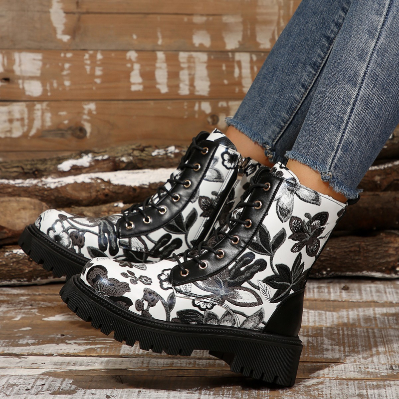 Cizme de damă cu toc gros și fermoar lateral, stil britanic, casual, Martins, mărime plus, flori, 2024, toamnă și iarnă