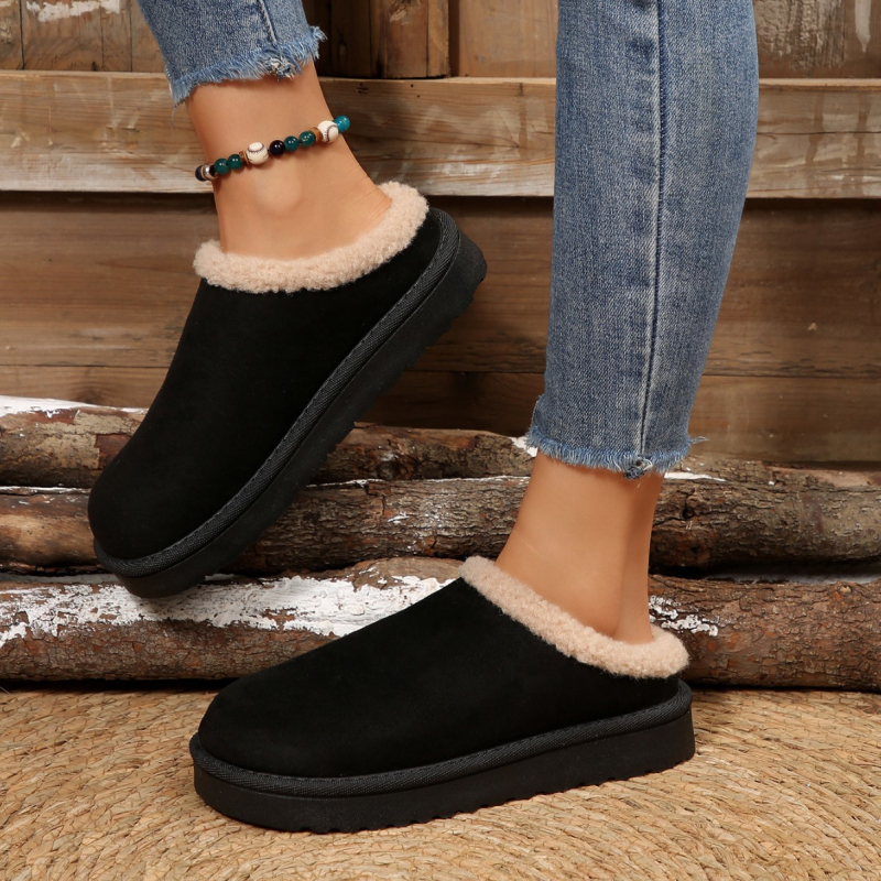 Papuci de damă din bumbac 2025 Iarnă nouă, stil retro japonez, plush, cu vârf rotund, plat, versatil, stil Birkenstock, cu vârf închis