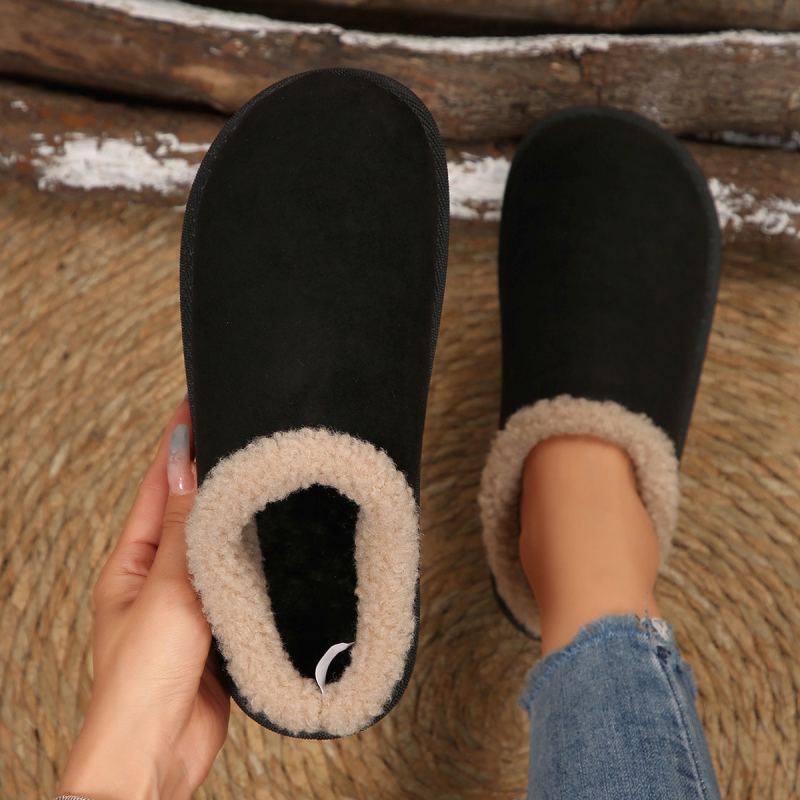 Papuci de damă din bumbac 2025 Iarnă nouă, stil retro japonez, plush, cu vârf rotund, plat, versatil, stil Birkenstock, cu vârf închis