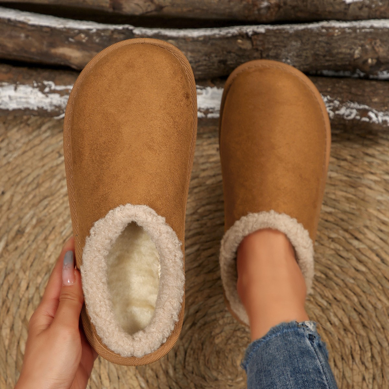 Papuci de damă din bumbac 2025 Iarnă nouă, stil retro japonez, plush, cu vârf rotund, plat, versatil, stil Birkenstock, cu vârf închis