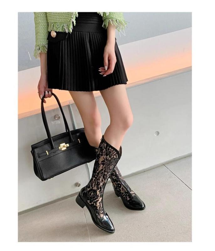 Unutarnja visina Visina Uske čizme s debelom petom Ljetne čizme Čizme od prave kože Mrežaste čizme Ženske visoke čizme od šuplje čipke