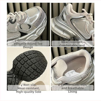 Dámske topánky Torre Shoes, jar 2025, nové, hrubé, s okrúhlou hlavou a sieťovinou, ležérne, strieborné, módne tenisky