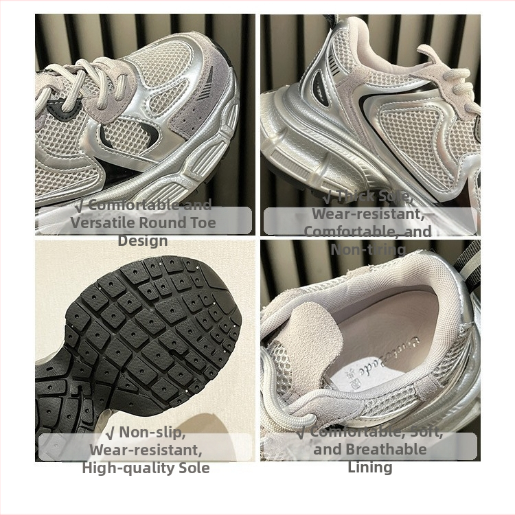 Dámske topánky Torre Shoes, jar 2025, nové, hrubé, s okrúhlou hlavou a sieťovinou, ležérne, strieborné, módne tenisky