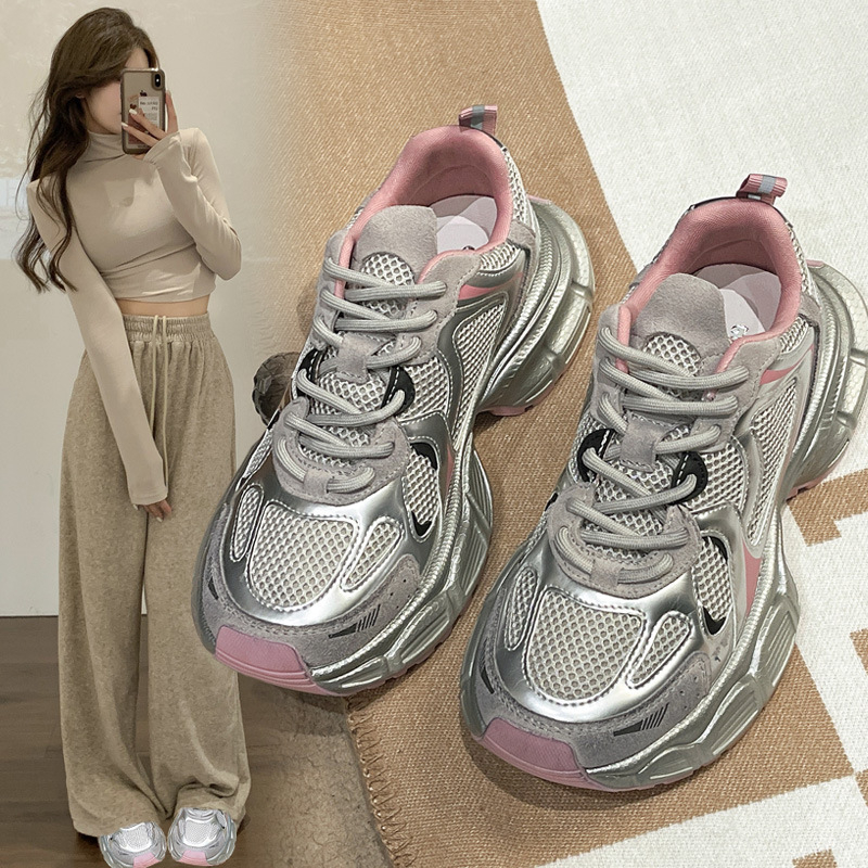 Dámske topánky Torre Shoes, jar 2025, nové, hrubé, s okrúhlou hlavou a sieťovinou, ležérne, strieborné, módne tenisky
