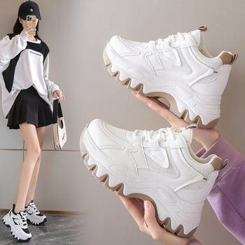 Pantofi sport damă cu talpă groasă, albi, mici, cu înălțime interioară, explozii de primăvară 2025, pantofi la modă, pantofi sport casual, pantofi daddy pentru femei