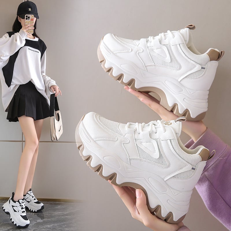 Pantofi sport damă cu talpă groasă, albi, mici, cu înălțime interioară, explozii de primăvară 2025, pantofi la modă, pantofi sport casual, pantofi daddy pentru femei