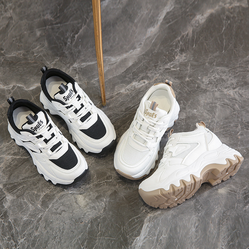 Pantofi sport damă cu talpă groasă, albi, mici, cu înălțime interioară, explozii de primăvară 2025, pantofi la modă, pantofi sport casual, pantofi daddy pentru femei