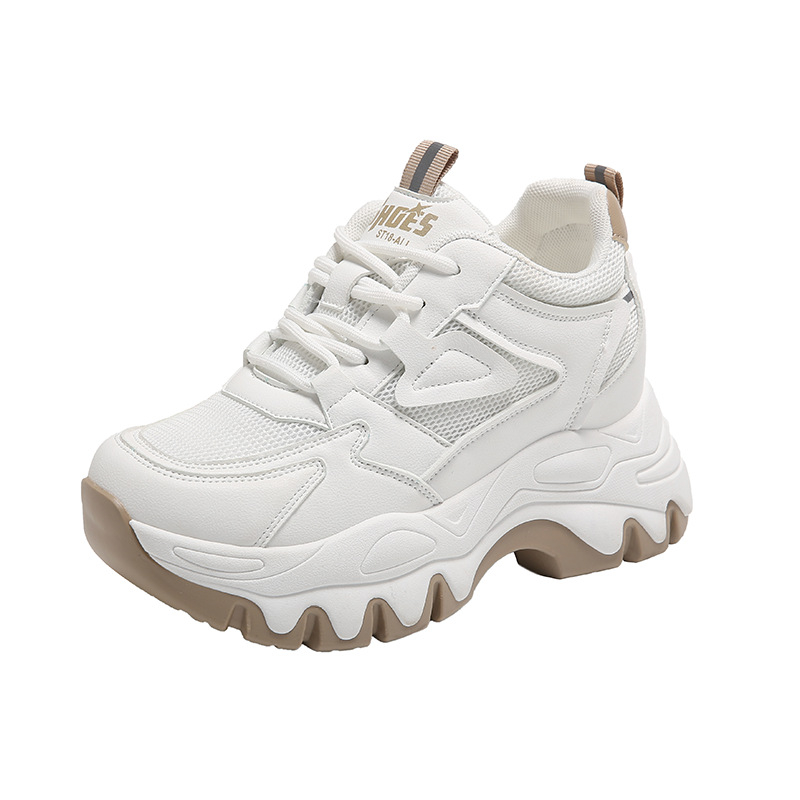 Pantofi sport damă cu talpă groasă, albi, mici, cu înălțime interioară, explozii de primăvară 2025, pantofi la modă, pantofi sport casual, pantofi daddy pentru femei