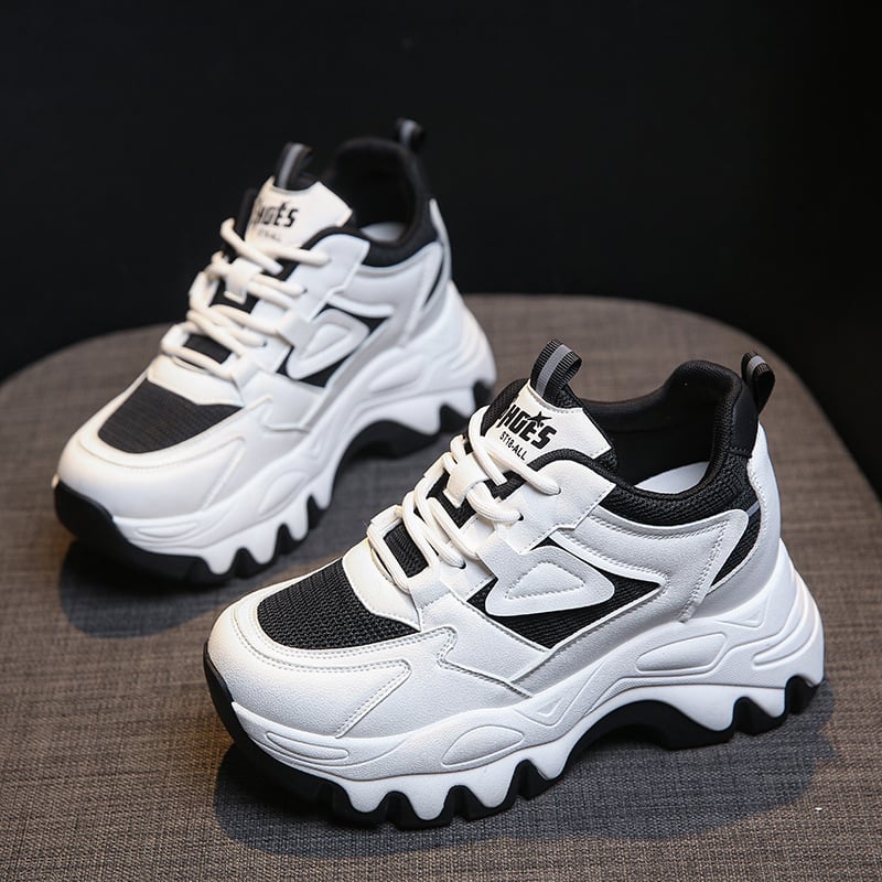 Pantofi sport damă cu talpă groasă, albi, mici, cu înălțime interioară, explozii de primăvară 2025, pantofi la modă, pantofi sport casual, pantofi daddy pentru femei