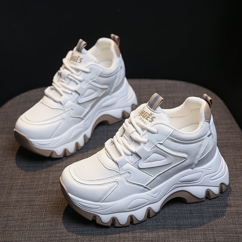 Pantofi sport damă cu talpă groasă, albi, mici, cu înălțime interioară, explozii de primăvară 2025, pantofi la modă, pantofi sport casual, pantofi daddy pentru femei