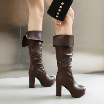 Ležerne viteške čizme, ženske kožne čizme, nove ženske čizme s rukavima, okrugli vrh, ženske cipele s visokom petom iz inozemstva iz 2023., dimne čizme, crne