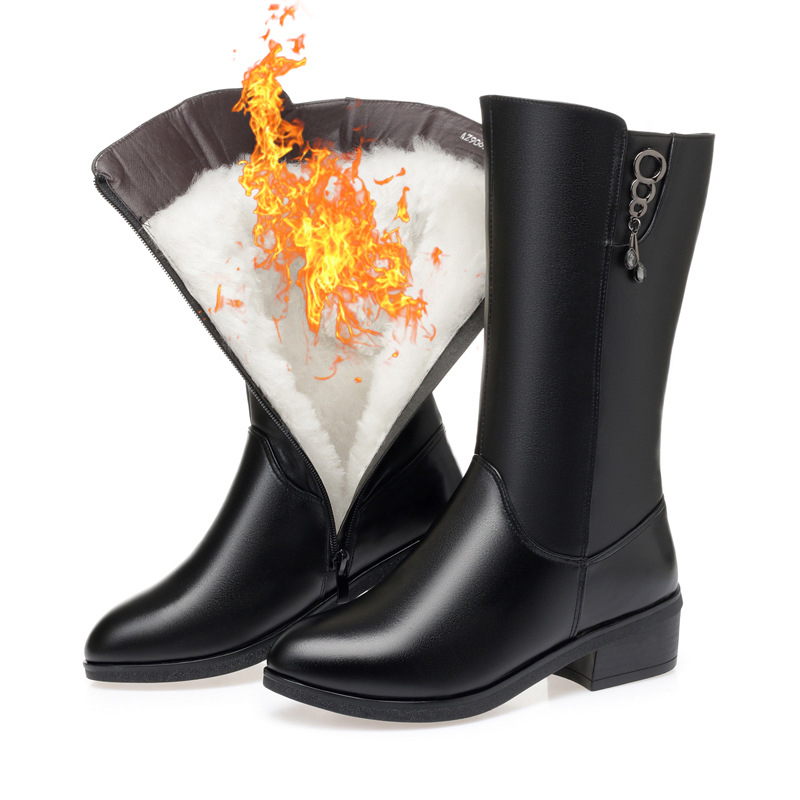 Udobne čizme za snijeg, ženske krznene jednodijelne čizme, mekane kožne ravne vunene čizme srednje veličine, ženske cipele s flis podstavom