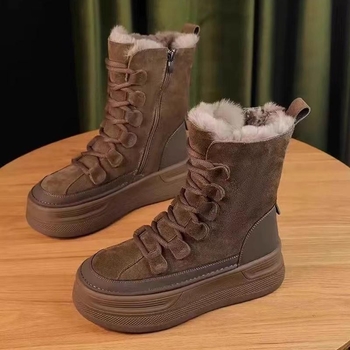 Internet Celebrous Ρετρό Μπότες Χιονιού με Χοντρή Σόλα και Επένδυση από Φλις, Χειμώνας 2024, Νέα, Ατομικά, Δερμάτινα Παπούτσια με Μαλακές Σόλες από Βαμβάκι, Ψηλές Μπότες Χιονιού