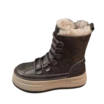 Internet Celebrous Ρετρό Μπότες Χιονιού με Χοντρή Σόλα και Επένδυση από Φλις, Χειμώνας 2024, Νέα, Ατομικά, Δερμάτινα Παπούτσια με Μαλακές Σόλες από Βαμβάκι, Ψηλές Μπότες Χιονιού