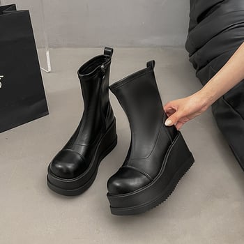 Cizme cu talpă groasă de 10 cm pentru femei, cizme la modă cu talpă cu platformă, cizme scurte elastice, cizme mici cu toc super înalt și toc platformă, subțiri