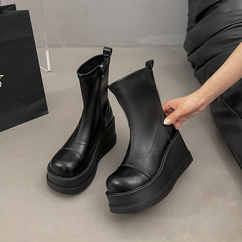 Cizme cu talpă groasă de 10 cm pentru femei, cizme la modă cu talpă cu platformă, cizme scurte elastice, cizme mici cu toc super înalt și toc platformă, subțiri