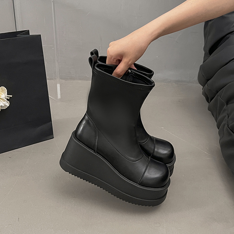 Cizme cu talpă groasă de 10 cm pentru femei, cizme la modă cu talpă cu platformă, cizme scurte elastice, cizme mici cu toc super înalt și toc platformă, subțiri