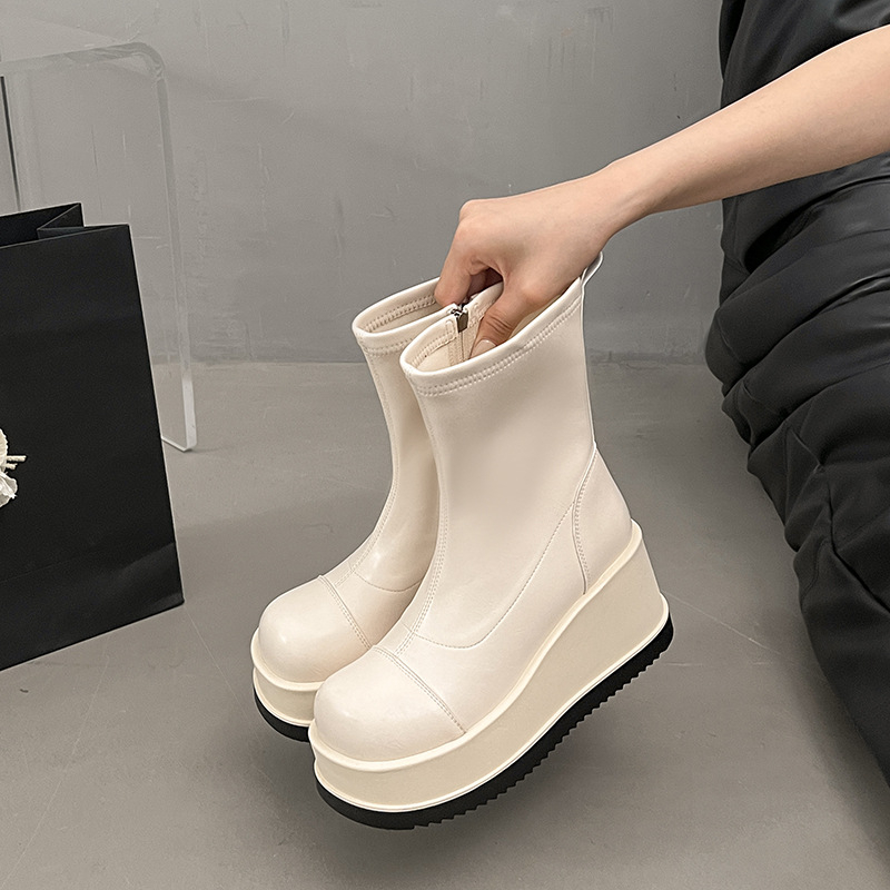 Cizme cu talpă groasă de 10 cm pentru femei, cizme la modă cu talpă cu platformă, cizme scurte elastice, cizme mici cu toc super înalt și toc platformă, subțiri