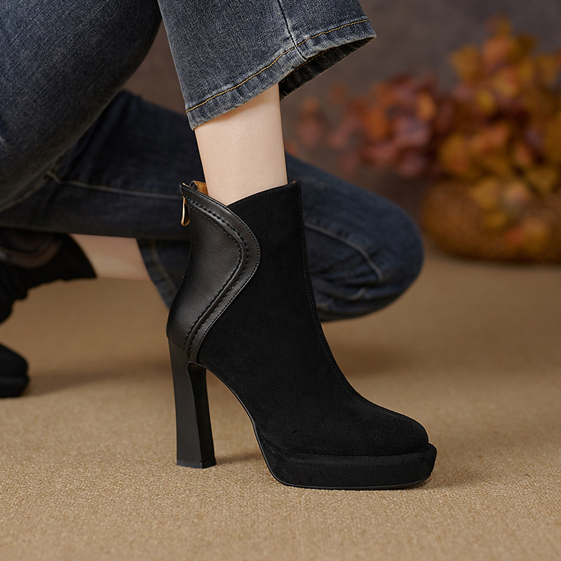 Nove modne ženske čizme za zimu 2023., udobne okrugle vrhove, visoke pete, kratke čizme na platformi, debeloj peti, jednoslojne čizme