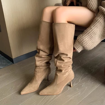 Retro čizme u američkom stilu, ženske čizme s tankom petom i špicastim hrpom, široke čizme s velikim opsegom, vruće visoke čizme za djevojke