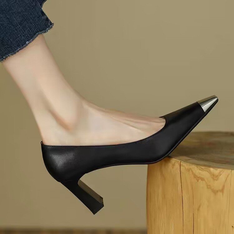 Pantofi de damă în stil francez, versiune coreeană, cu tocuri groase, design de nișă, vârf metalic, vârf pătrat, tocuri înalte și superficiale elegante, stil socialite, pantofi pentru toate anotimpurile
