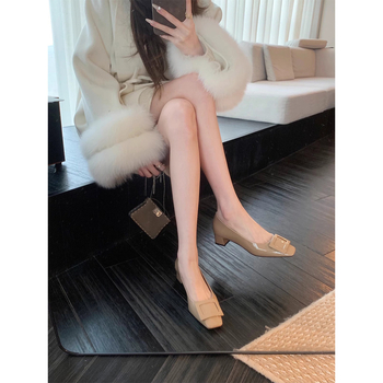 Κλασικά ψηλοτάκουνα παπούτσια τύπου Chanel με τετράγωνη αγκράφα και χοντρό τακούνι σε στιλ Chanel, με τετράγωνη μύτη, κομψά ψηλοτάκουνα παπούτσια για γυναίκες, άνοιξη