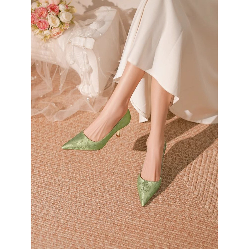 Nišne francuske elegantne visoke potpetice, nove kineske zelene ženske cipele s tankom petom, šiljaste, plitke, za jednu osobu