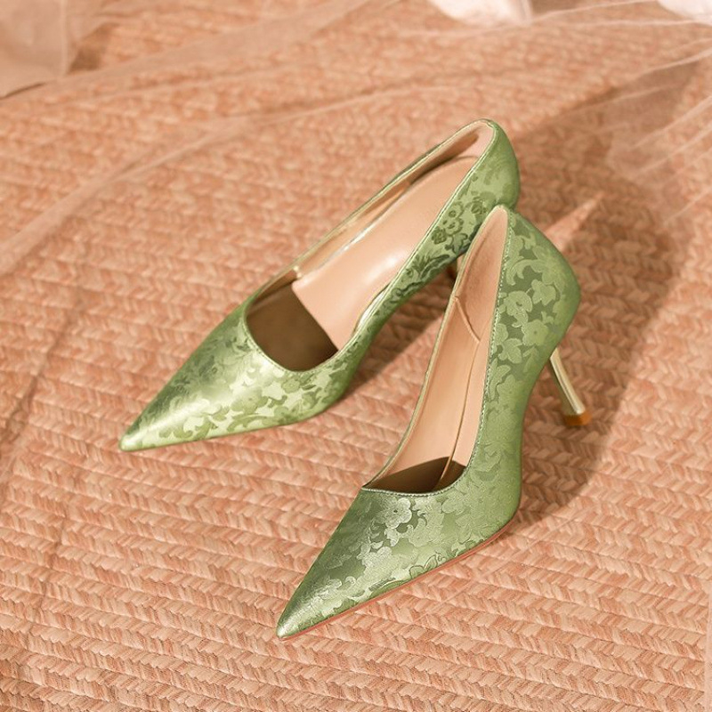 Nišne francuske elegantne visoke potpetice, nove kineske zelene ženske cipele s tankom petom, šiljaste, plitke, za jednu osobu