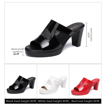 Ženske mrežaste papuče sa srednjom petom, ljeto 2025., nove vodootporne sandale s platformom, u obliku ribljeg usta, lakirane kože, velike veličine 43, papuče za vanjsku upotrebu za žene