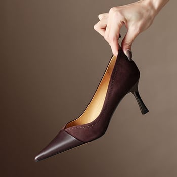 Pantofi de primăvară cu toc înalt din piele mată de calitate, cu temperament matur, stil socialite, stiletto, cu gură în V, noi