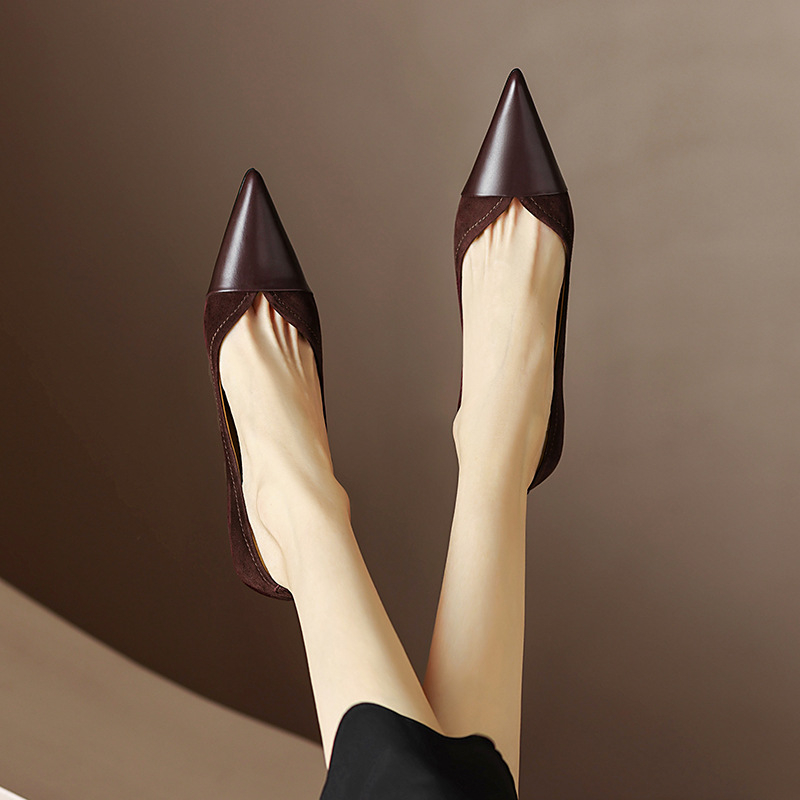 Pantofi de primăvară cu toc înalt din piele mată de calitate, cu temperament matur, stil socialite, stiletto, cu gură în V, noi